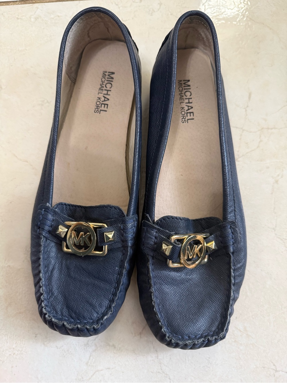 Michael Kors Navy Leather MK Logo Moccasin Loafers with Gold Hardware